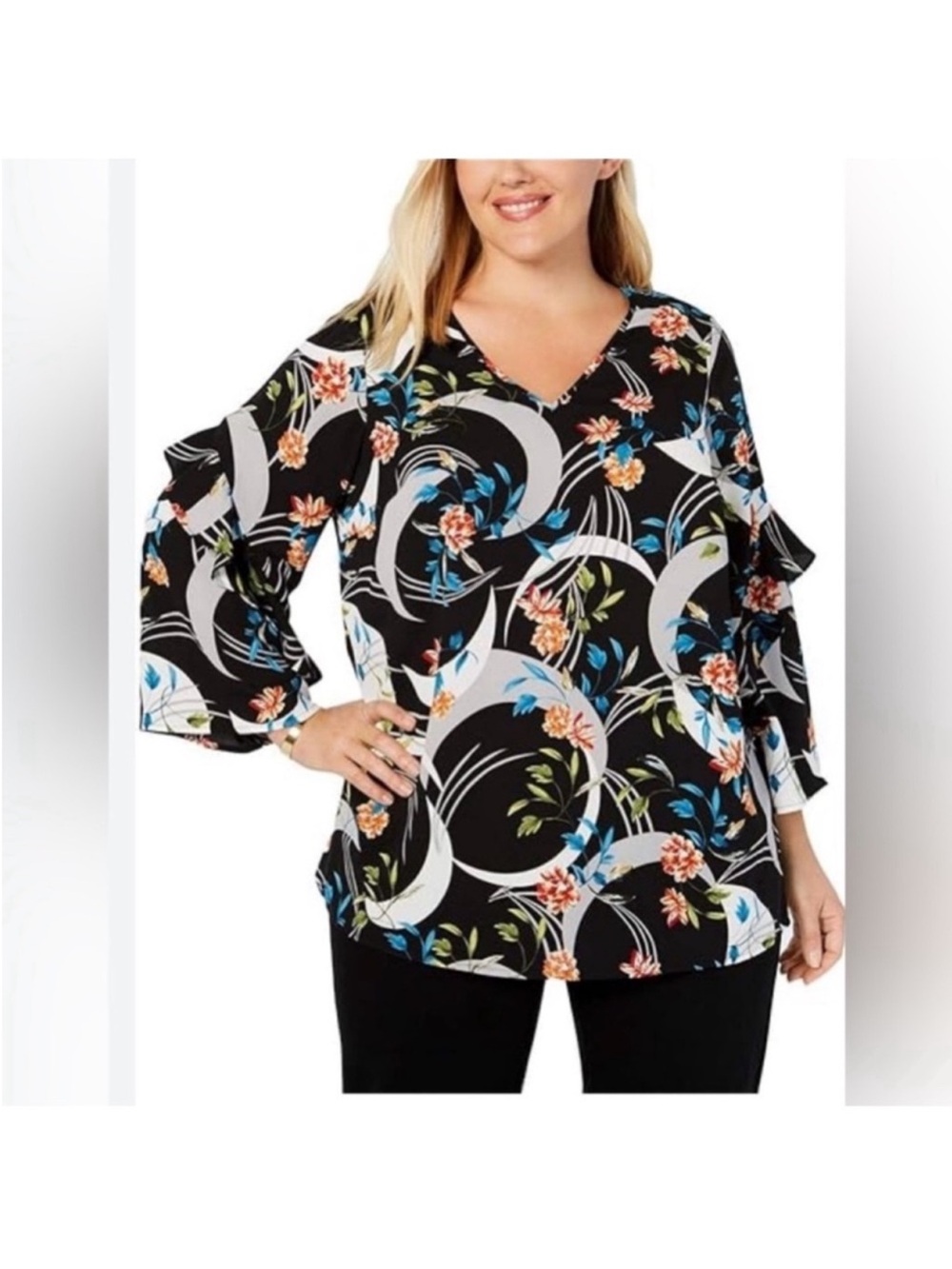 Black Floral V-Neck Ruffle Sleeve Top